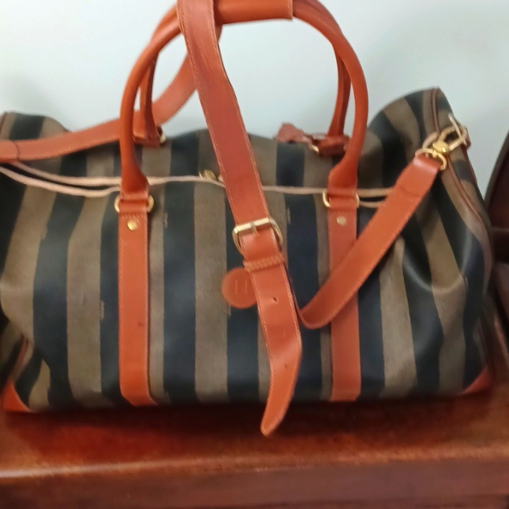 Vintage *RARE* Fendi Pequin Stripe & Cognac Duffle/Weekender Bag (Large 50cm) - Picture 7 of 10